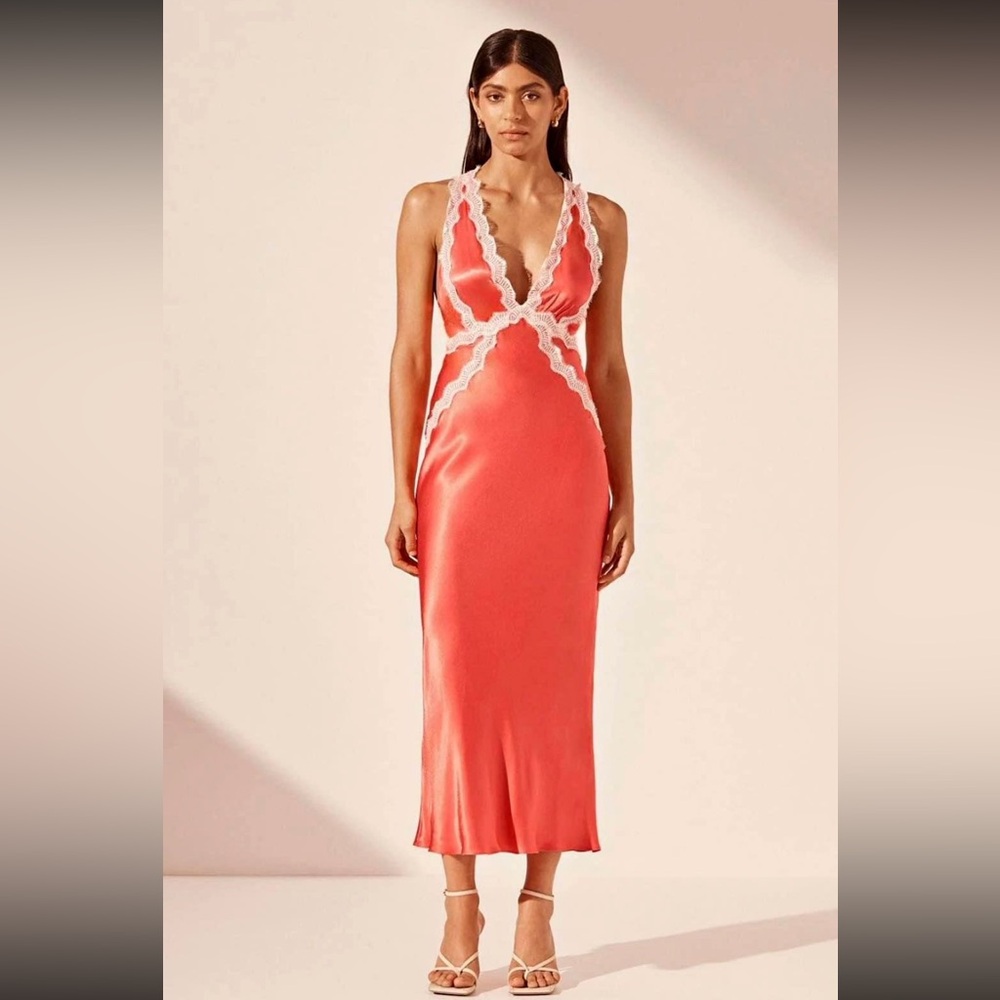 Shona Joy Camille Plunged Cross Back Midi Dress in Poppy
Red & Ivory